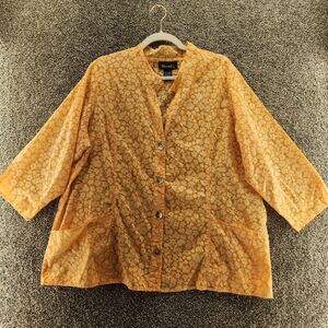 Denim & Co 2x Plus orange floral long sleeve button up blouse